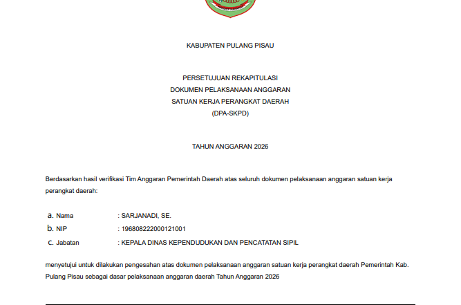 Dokumen Pelaksanaan Anggaran Dinas Dukcapil Kab. Pulang Pisau Tahun 2026