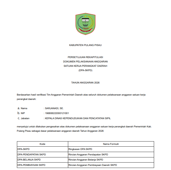 Dokumen Pelaksanaan Anggaran Dinas Dukcapil Kab. Pulang Pisau Tahun 2026
