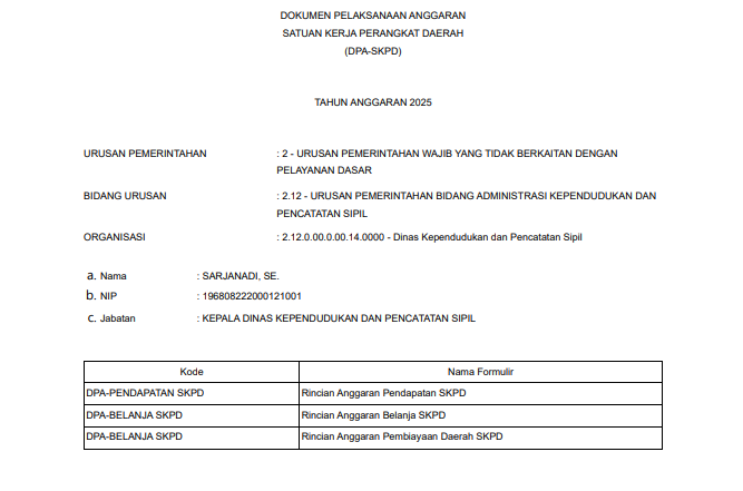 Dokumen Pelaksanaan Anggaran Satuan Kerja Perangkat Daerah (DPA-SKPD) Dinas Kependudukan dan Pencatatan Sipil Kabupaten Pulang Pisau Tahun 2026