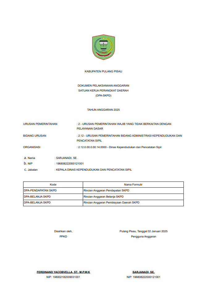 Dokumen Pelaksanaan Anggaran Satuan Kerja Perangkat Daerah (DPA-SKPD) Dinas Kependudukan dan Pencatatan Sipil Kabupaten Pulang Pisau Tahun 2026