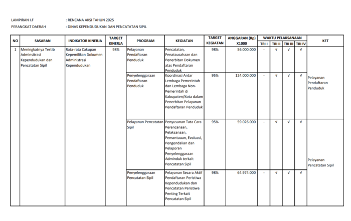 Rencana Aksi Dinas Kependudukan dan Pencatatan Sipil Kabupaten Pulang Pisau Tahun 2025